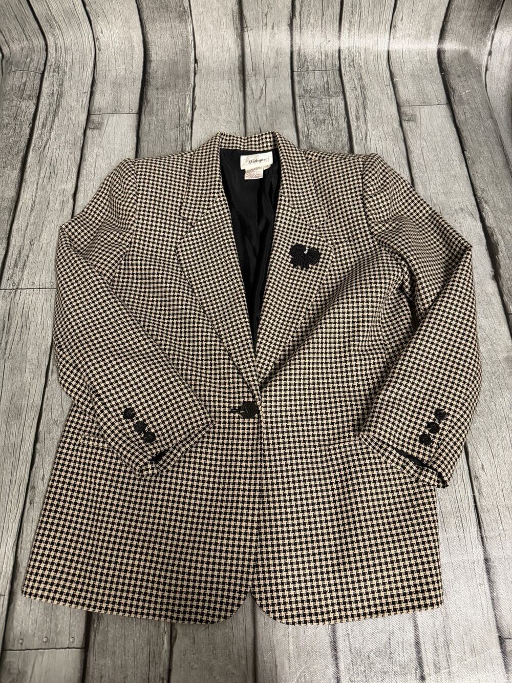 Vintage Women’s Houndstooth Single Button Blazer Jacket Sz 14 Classic Academia